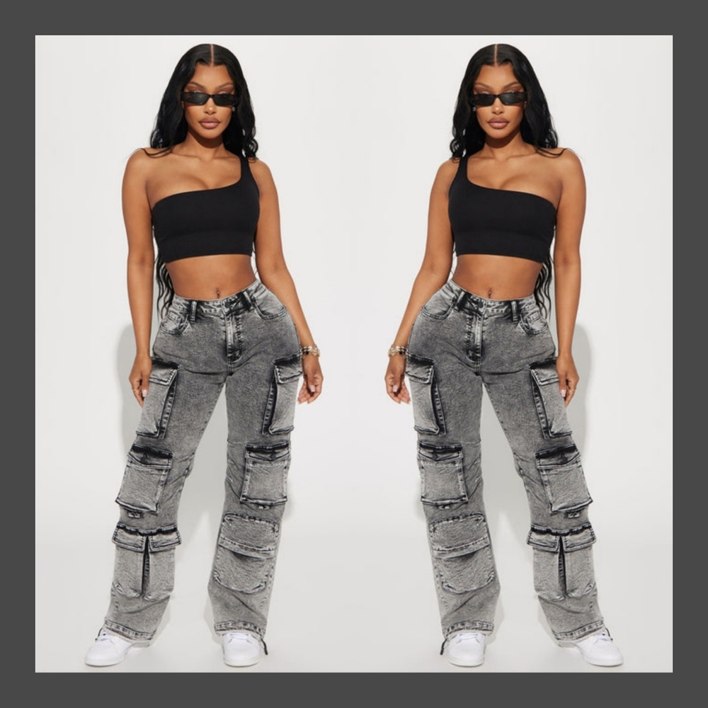 Fashion Nova Gray Acid-Wash Wide Leg Cargo Jeans
